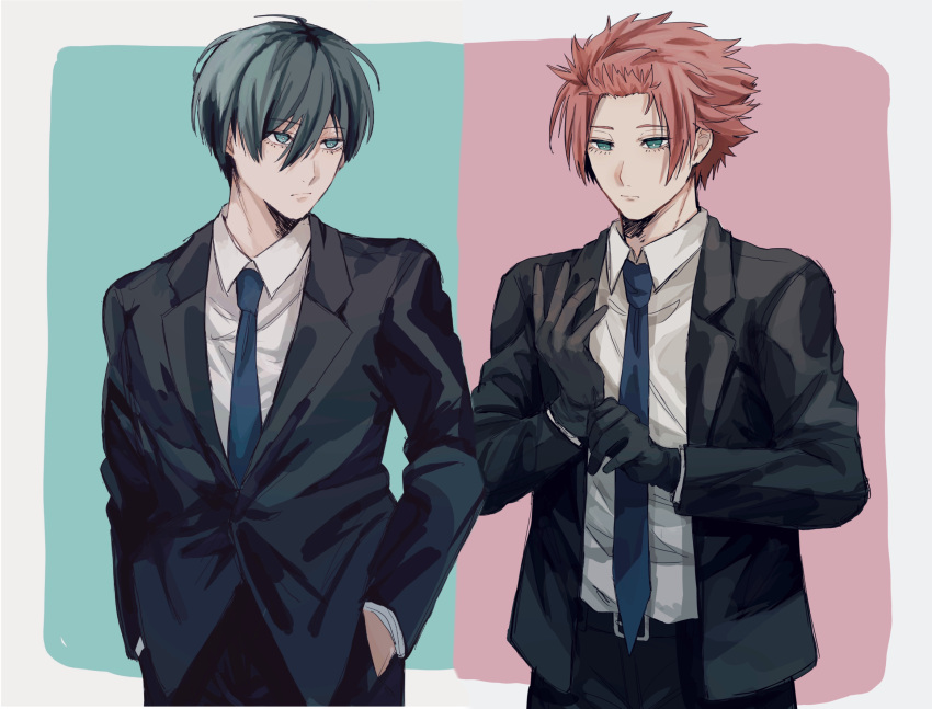 2boys adjusting_clothes adjusting_gloves belt black_belt black_gloves black_pants blue_lock blue_necktie brothers closed_mouth collared_shirt commentary_request cowboy_shot formal fuyutsuki gloves green_eyes green_hair hair_between_eyes hands_in_pockets highres itoshi_rin itoshi_sae lapels long_sleeves looking_to_the_side male_focus multiple_boys necktie notched_lapels pants pink_hair shirt short_hair siblings white_shirt