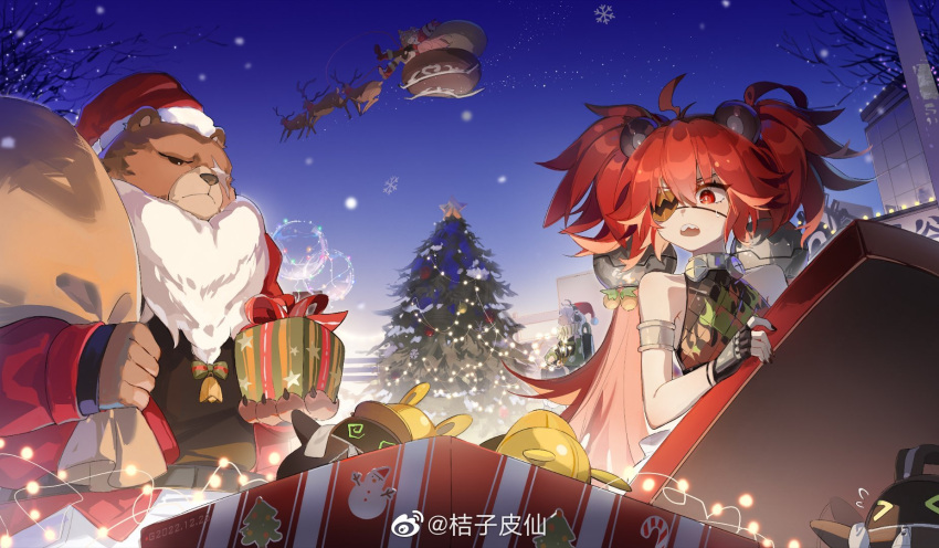 &gt;_&lt; 1boy 3girls @_@ ahoge anby_demara animal_ears armlet artist_name bangboo_(zenless_zone_zero) bare_shoulders bare_tree bear_boy bell ben_bigger black_gloves black_nails black_shirt blush body_fur bow box brown_fur building cavoblue chinese_commentary christmas christmas_lights christmas_tree claws closed_eyes closed_mouth collar collarbone commentary_request eyelashes eyepatch fake_animal_ears fake_beard fake_facial_hair fingerless_gloves fingernails flame_print flying_sweatdrops fur-trimmed_headwear fur_trim furry furry_male gift gift_box gloves green_bow hair_between_eyes hair_ornament hands_up hat highres holding holding_gift holding_sack jacket koleda_belobog long_hair long_sleeves looking_up metal_collar multiple_girls nail_polish nicole_demara night night_sky one_eye_covered open_clothes open_jacket open_mouth outdoors parted_bangs red_eyes red_headwear red_jacket redhead reindeer sack santa_costume scar scar_across_eye sharp_teeth shirt sidelocks sky sleeveless sleeveless_shirt sleigh snowflakes snowing standing star_(symbol) sticker stuffed_animal stuffed_toy sweatdrop teddy_bear teeth tree twintails upper_teeth_only very_long_hair weibo_logo weibo_username zenless_zone_zero