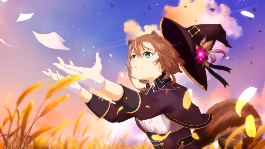 1girl absurdres animal_ears anip ayunda_risu ayunda_risu_(3rd_costume) bird blue_sky brown_hair brown_headwear brown_jacket chain clouds cropped_jacket flower flying_paper gem gloves green_eyes hat hat_belt hat_flower hat_removed hat_ribbon headwear_removed highres hololive hololive_indonesia jacket jewelry long_sleeves neck_ribbon outstretched_arms paper pink_flower ribbon shirt short_hair sky sleeve_cuffs smile squirrel_ears squirrel_girl squirrel_tail tail upper_body virtual_youtuber wheat_field white_gloves white_shirt witch_hat