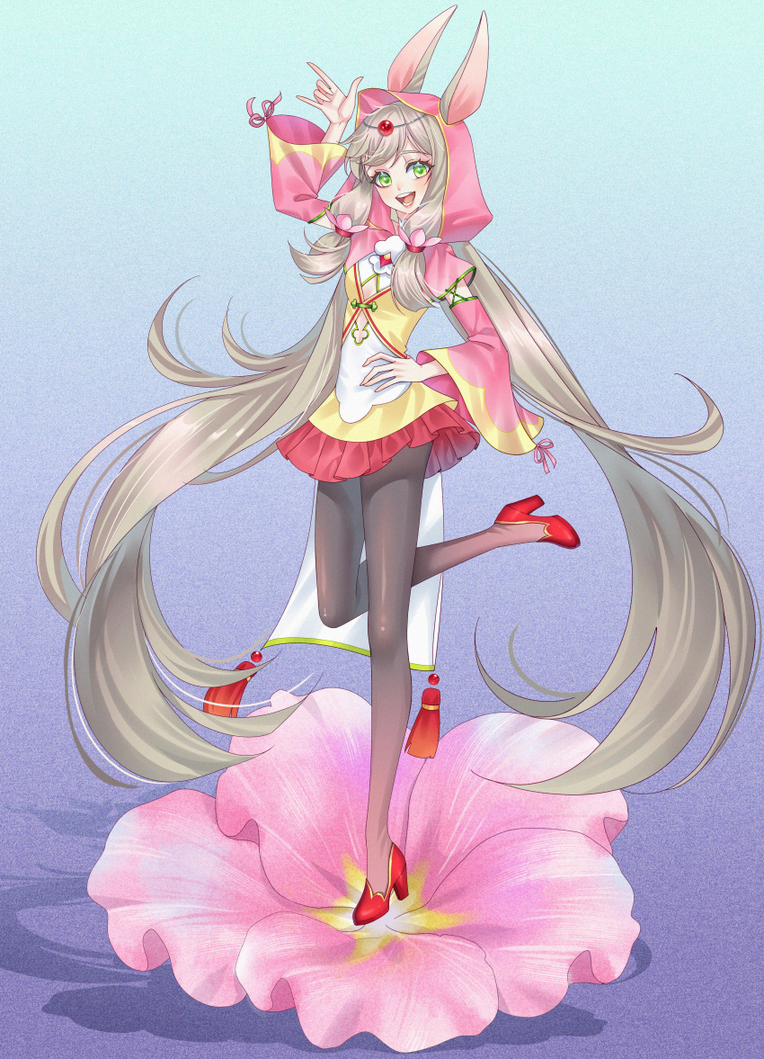 1girl :d \m/ absurdres animal_ears animal_hood arm_up blue_background cleavage_cutout clothing_cutout dress fake_animal_ears flower frilled_dress frills full_body gradient_background green_eyes grey_hair grey_pantyhose hand_on_own_hip hand_up head_chain head_tilt high_heels highres hood hood_up hooded_dress kumu_zaisheng leg_up long_hair long_sleeves longque_(xiao_huaxian) looking_at_viewer low_tied_sidelocks on_flower pantyhose pink_flower pink_hood pink_sleeves purple_background rabbit_ears rabbit_hood red_flower smile solo standing standing_on_object standing_on_one_leg tassel teeth twintails upper_teeth_only very_long_hair wide_sleeves xiao_huaxian yellow_dress