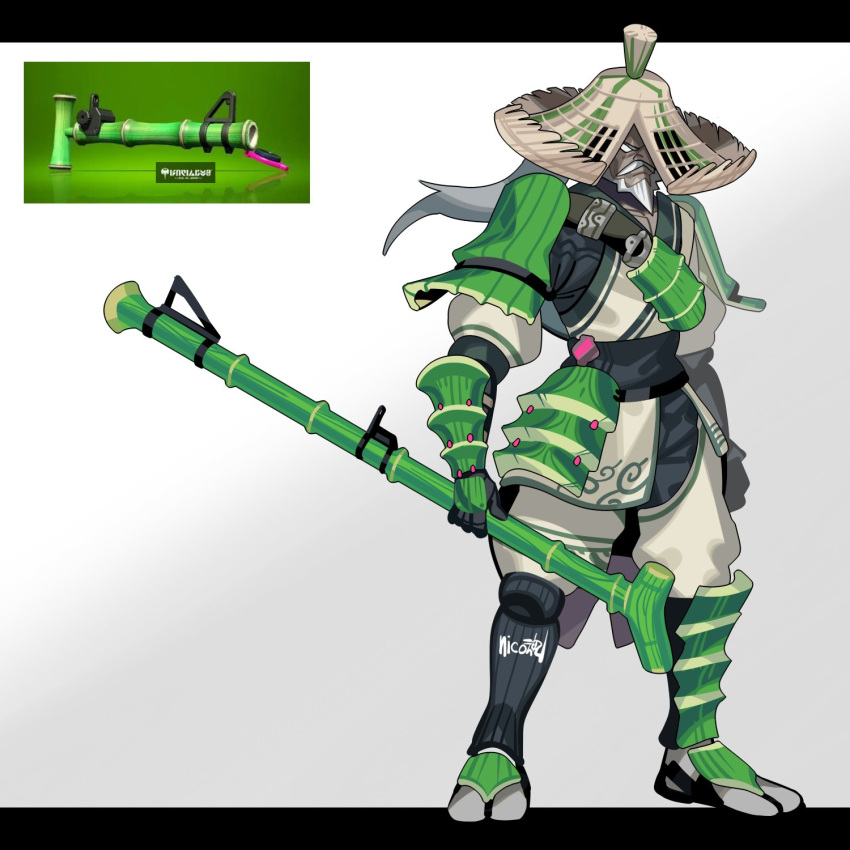 1boy armor bamboo bamboozler_14_(splatoon) beard black_gloves dark-skinned_male dark_skin facial_hair full_body gloves grey_hair hat highres holding holding_weapon japanese_armor japanese_clothes long_hair male_focus mustache personification reference_inset sido_(slipknot) signature simple_background solo splatoon_(series) standing weapon