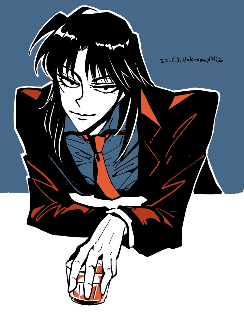 1boy black_eyes black_hair blue_shirt closed_mouth commentary_request cup dated formal highres holding holding_cup ichijou_seiya kaiji limited_palette long_hair long_sleeves looking_at_viewer male_focus necktie outline red_necktie shirt smile solo suit twitter_username unknown03162 upper_body white_outline