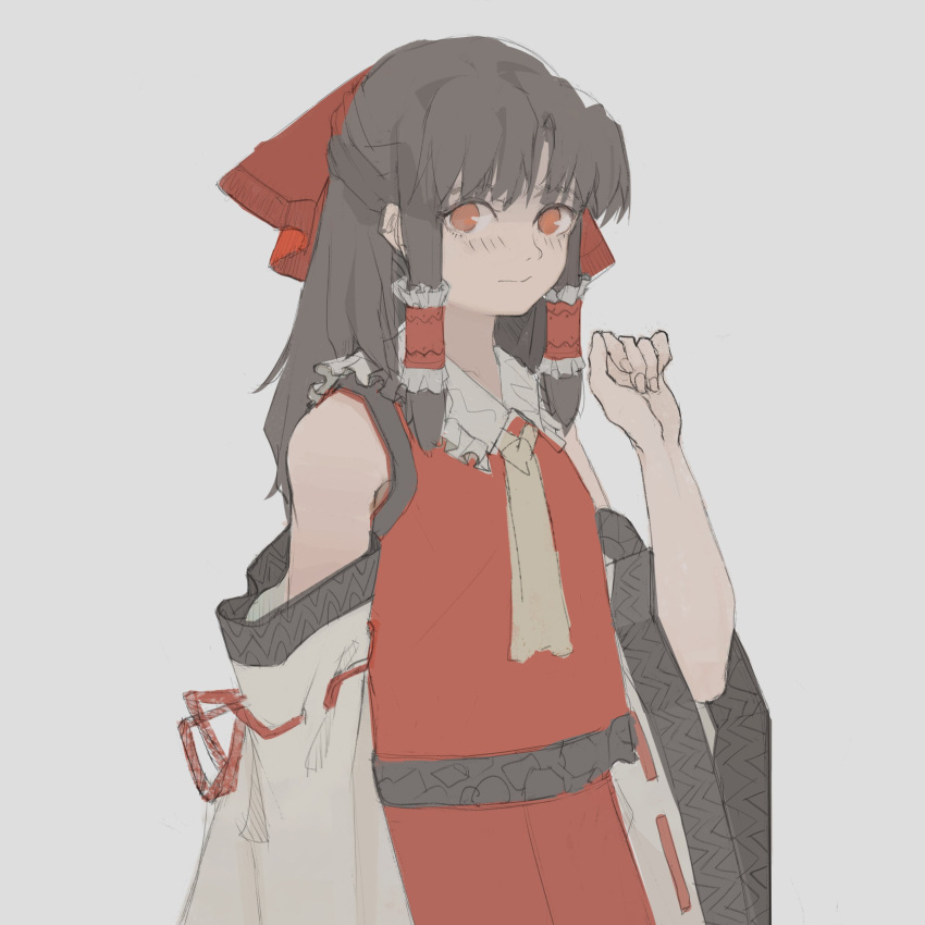 1girl absurdres adapted_costume ascot bare_shoulders black_hair bow detached_sleeves fingernails flat_chest frilled_shirt_collar frills grey_background hair_bow hair_tubes hakurei_reimu hand_up highres long_hair looking_at_viewer parted_bangs red_bow red_eyes red_skirt red_vest reisende1969 simple_background skirt skirt_set solo touhou vest wide_sleeves yellow_ascot