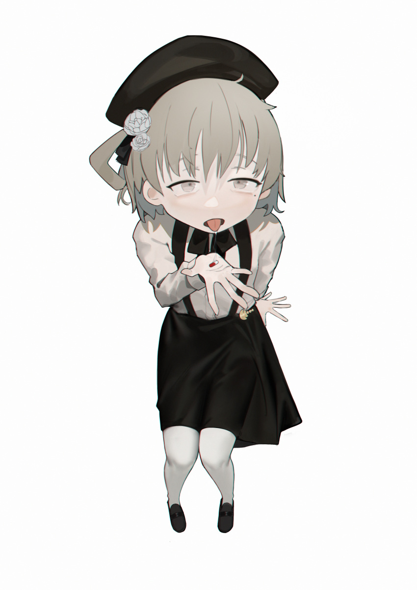 1girl absurdres arm_support beret black_headwear black_ribbon black_skirt brown_eyes commentary dated_commentary flower foreshortening from_above full_body hair_flower hair_ornament hair_ribbon half-closed_eyes hand_up hat hatoba_tsugu highres holding_pill light_brown_hair loafers long_sleeves looking_at_viewer looking_up mole mole_under_eye neck_ribbon open_mouth pantyhose raised_eyebrows re_ki_kai_hou ribbon rose saliva saliva_trail shirt shirt_tucked_in shoes short_hair simple_background single_hair_ring sitting skirt suspender_skirt suspenders tongue tongue_out tsugu_(vtuber) virtual_youtuber white_background white_flower white_pantyhose white_rose white_shirt