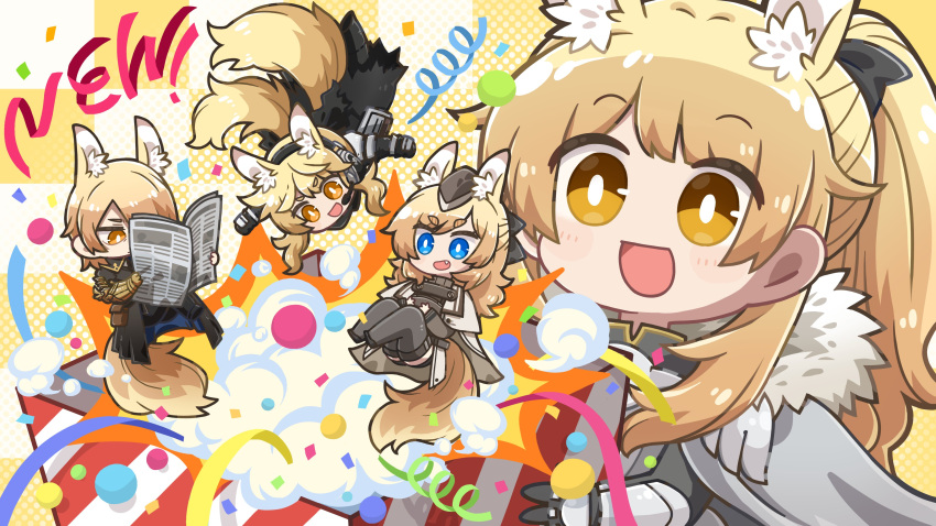 1boy 3girls :d absurdres animal_ear_fluff animal_ears arknights armored_boots black_bow black_dress black_footwear black_headwear blemishine_(arknights) blonde_hair blue_eyes boots bow box brown_eyes chibi closed_mouth commentary confetti dog-san dress english_commentary fang garrison_cap gauntlets grey_thighhighs hair_between_eyes hair_bow hat highres holding holding_box horse_boy horse_ears horse_girl horse_tail long_hair mini_person miniboy minigirl mlynar_(arknights) multiple_girls nearl_(arknights) newspaper ponytail shoes short_eyebrows siblings smile streamers tail thick_eyebrows thigh-highs whislash_(arknights)