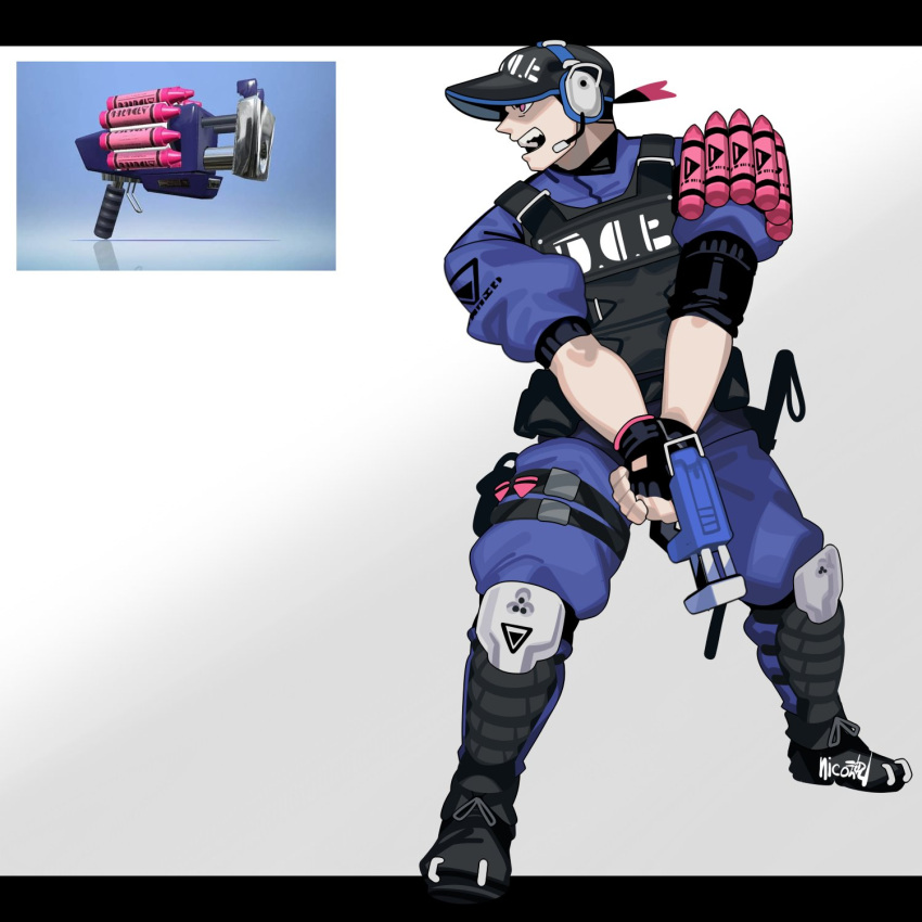 1boy black_footwear black_gloves black_headwear boots clash_blaster_(splatoon) crayon fingerless_gloves full_body gloves gun hat headphones headset highres holding holding_gun holding_weapon knee_pads male_focus open_mouth personification pink_eyes reference_inset short_sleeves sido_(slipknot) signature simple_background solo splatoon_(series) standing thigh_strap uniform vest weapon