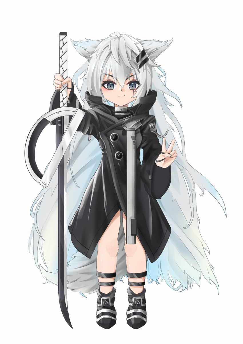 1girl absurdres aged_down animal_ears arknights full_body grey_eyes hair_ornament hairclip highres holding holding_sword holding_weapon lappland_(arknights) long_hair looking_at_viewer scar scar_on_face simple_background solo sword tail very_long_hair weapon white_background white_hair wolf_ears wolf_girl wolf_tail z-02