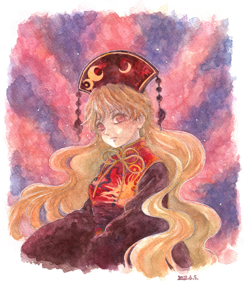 1girl blonde_hair chinese_clothes energy highres junko_(touhou) junko_day long_hair painting_(medium) phoenix_crown pom_pom_(clothes) red_eyes shiroma_(mamiko) solo tabard touhou traditional_media watercolor_(medium) wide_sleeves