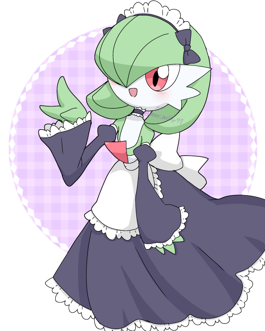 1girl absurdres apron arm_at_side artist_name black_bow black_choker black_skirt black_sleeves blush bob_cut bow choker clothed_pokemon colored_skin commentary_request detached_sleeves flat_chest frilled_apron frilled_choker frilled_skirt frilled_sleeves frills full_body gardevoir green_hair green_skin hair_bow hair_over_one_eye hand_up happy highres juliet_sleeves long_skirt long_sleeves looking_to_the_side maid maid_headdress meru_(mer_milky77) multicolored_skin one_eye_covered open_mouth plaid plaid_background pokemon pokemon_(creature) puffy_sleeves purple_background red_eyes short_hair signature skirt smile solo standing topless twitter_username two-tone_skin waist_apron waving white_apron white_skin