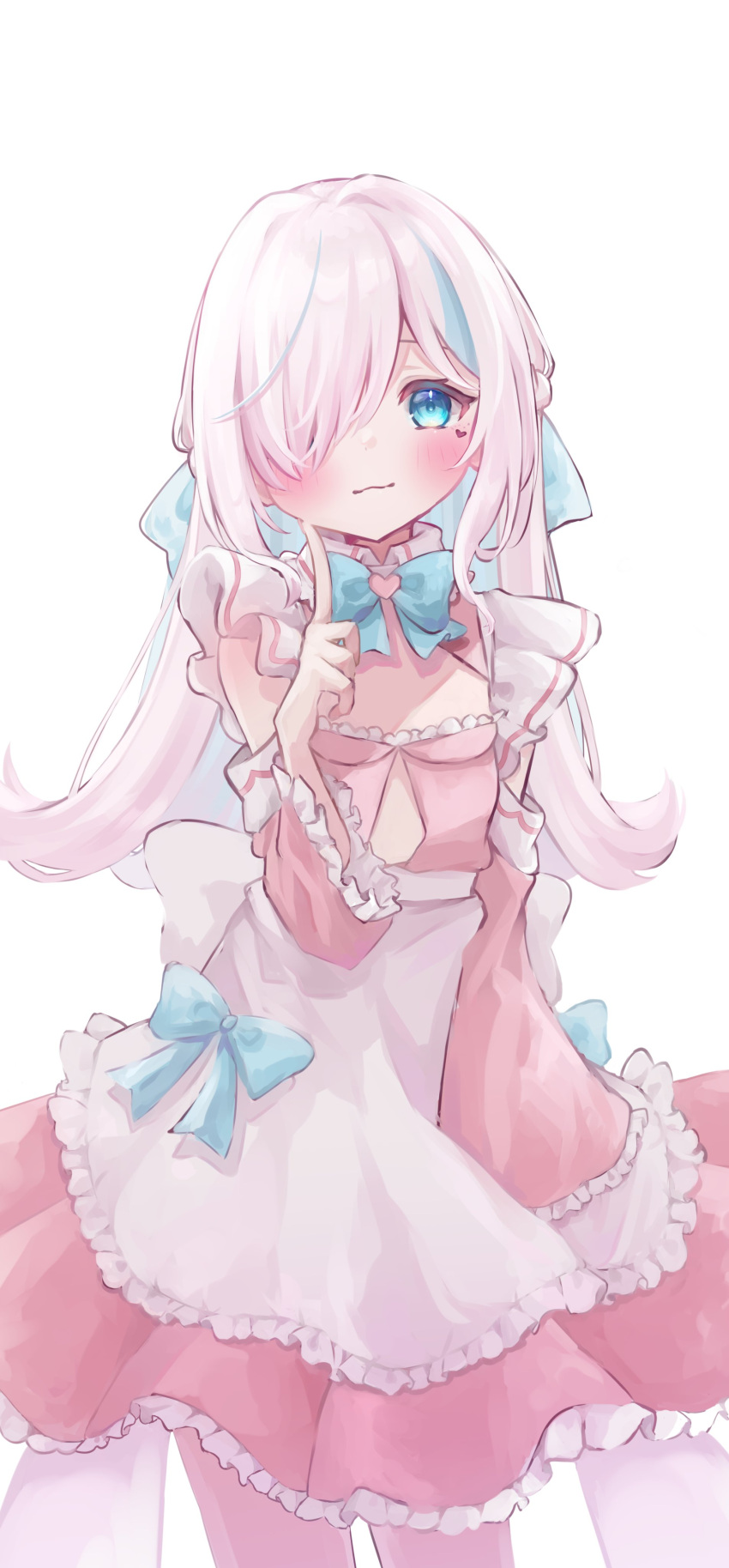1girl absurdres apron blue_eyes blush closed_mouth clothing_cutout dress hair_over_one_eye hand_gesture highres ilu_fluor ilu_fluor_(artist) indie_virtual_youtuber long_bangs maid maid_apron mole mole_under_eye pink_dress pink_hair pink_sleeves shoulder_cutout simple_background virtual_youtuber