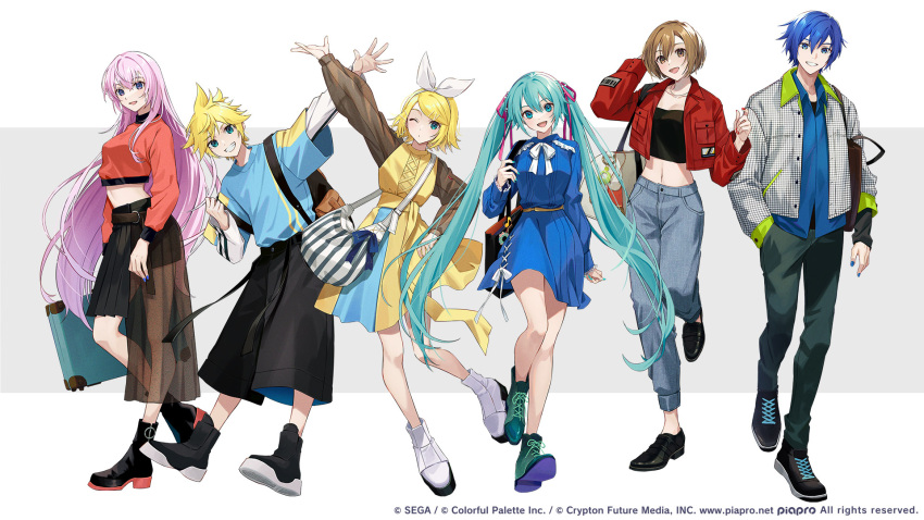 2boys 4girls alternate_costume ankle_boots aqua_dress aqua_eyes aqua_hair aqua_nails arm_at_side arm_up arms_at_sides asymmetrical_clothes asymmetrical_skirt backpack bag baggy_clothes baggy_shorts barcode bare_legs belt black_bag black_belt black_footwear black_shorts black_skirt blonde_hair blue_dress blue_hair blue_nails blue_ribbon blue_shirt boots bow bow_hairband breast_pocket breasts brown_bag brown_belt brown_eyes brown_hair brown_sleeves buttons clenched_hand collarbone colored_shoe_soles commentary_request contrapposto crop_top cropped_jacket cropped_sweater cross-laced_clothes cross-laced_dress crypton_future_media dark_blue_hair denim doily dorsiflexion dot_nose double_vertical_stripe dress dress_shirt dress_shoes fashion fingernails floating_hair full_body green_eyes green_footwear green_jacket grey_background grey_pants grin hair_between_eyes hair_bow hair_ornament hair_over_shoulder hair_ribbon hairband hairclip hand_in_pocket hand_on_own_head hand_on_own_hip hand_up hands_up hatsune_miku head_tilt height_difference high-low_skirt highres hinatsu holding holding_strap holding_suitcase jacket jeans jewelry kagamine_len kagamine_rin kaito_(vocaloid) layered_sleeves leather_bag legs_together letterboxed light_smile lineup long_hair long_skirt long_sleeves looking_at_viewer medium_breasts megurine_luka meiko_(vocaloid) midriff miniskirt multiple_boys multiple_girls narrow_waist neck_ribbon necklace official_art one_eye_closed open_clothes open_jacket open_mouth pants parted_bangs piapro pink_hair pink_ribbon plaid plaid_jacket pleated_dress pleated_skirt pocket project_sekai raglan_sleeves red_jacket red_nails red_sweater ribbon see-through see-through_skirt see-through_sleeves sega shirt shirt_tucked_in shoelaces shoes short_hair short_over_long_sleeves short_sleeves shorts shoulder_bag side_slit simple_background skirt sleeves_past_wrists smile sneakers standing standing_on_one_leg strap_slip striped suitcase sweater swept_bangs tsurime twintails two-sided_fabric two-sided_jacket two-sided_shorts two-tone_background two-tone_dress very_long_hair violet_eyes vocaloid white_background white_bag white_bow white_ribbon white_shirt yellow_belt yellow_dress zipper zipper_pull_tab