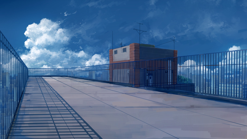 absurdres axleaki blue_sky building city cityscape clouds commentary_request day fence highres no_humans original radio_antenna rooftop scenery shadow sky sky_focus variant_set
