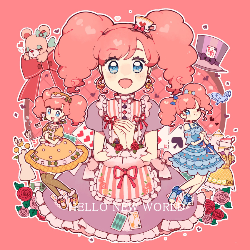 1girl :d aikatsu!_(series) amahane_madoka blue_dress blue_eyes blush bow bug butterfly card center_frills commentary_request cup dixie_cup_hat dress earrings flower frilled_dress frills hair_bow hat heart heart_earrings highres jewelry long_hair looking_at_viewer mannequin military_hat multiple_views one_eye_closed open_mouth own_hands_together pink_background pink_flower pink_hair pink_rose playing_card puffy_short_sleeves puffy_sleeves purple_dress red_flower red_ribbon red_rose ribbon rose short_sleeves sidelocks smile song_name straight-on stuffed_animal stuffed_toy teacup teddy_bear teeth top_hat twintails upper_teeth_only wrist_cuffs yellow_dress yukikokoro