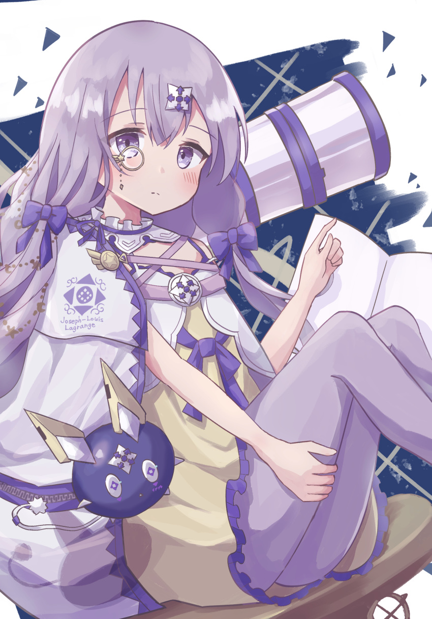 1girl arcaea blush book bow closed_mouth colon_br dress feet_out_of_frame frilled_dress frills from_side h hair_between_eyes hair_bow highres knees_up lagrange_(arcaea) legs_together long_hair looking_at_viewer monocle open_book pantyhose purple_bow purple_hair purple_pantyhose raised_eyebrows shawl sitting sleeveless sleeveless_dress solo straight_hair telescope violet_eyes white_shawl yellow_dress