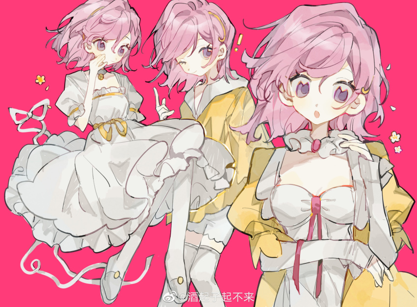 ! 1girl :o absurdres collar detached_collar douluo_dalu dress flower frilled_collar frills hairband highres jacket long_hair long_sleeves mo_seafoam multiple_views ning_rongrong_(douluo_dalu) one_eye_closed pink_hair purple_background simple_background smile thigh-highs white_dress white_footwear yellow_jacket