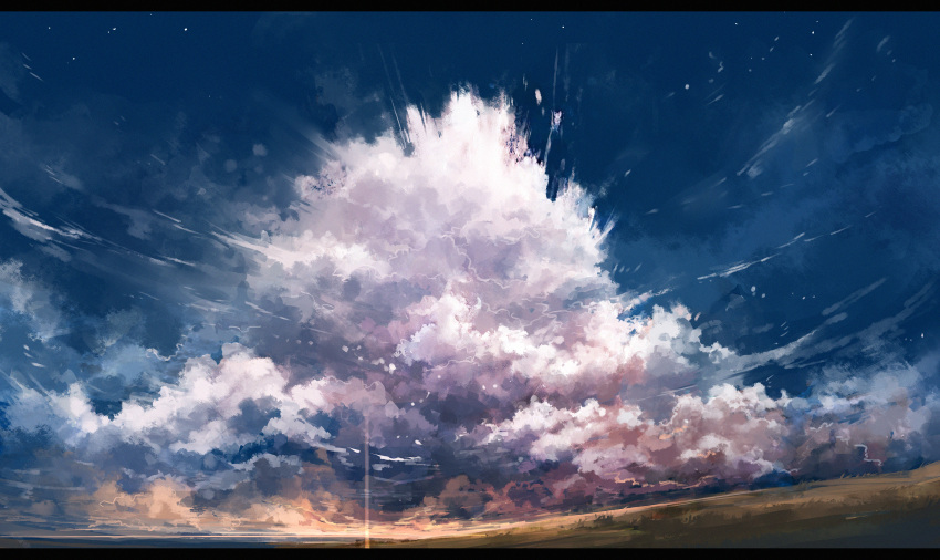axleaki blue_sky clouds cloudy_sky commentary dusk field grass highres horizon lens_flare letterboxed no_humans original outdoors romaji_commentary scenery sky sky_focus wide_shot