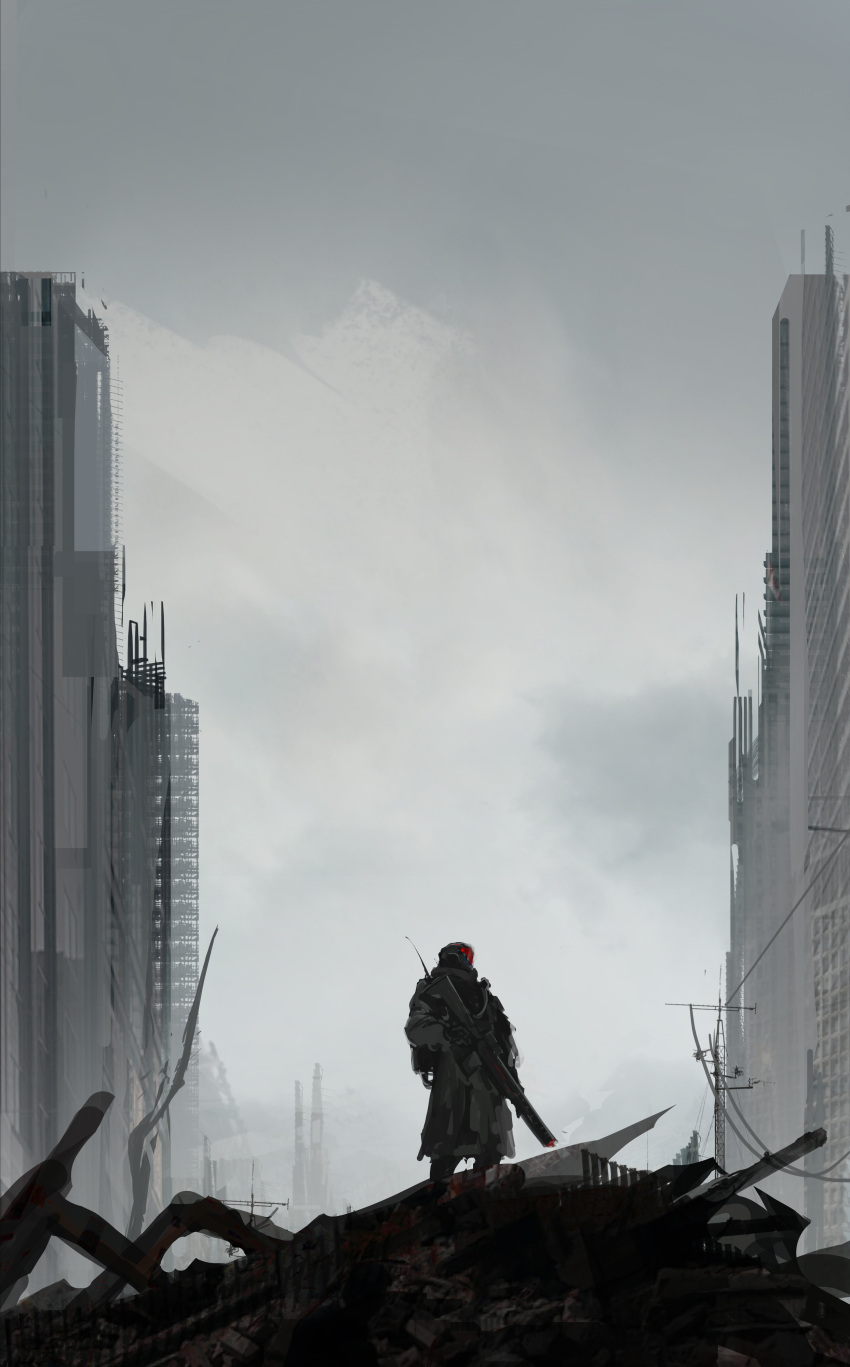 1other absurdres building city cityscape commentary day haru_akira helmet highres original outdoors power_lines ruins scenery science_fiction standing utility_pole weapon wide_shot
