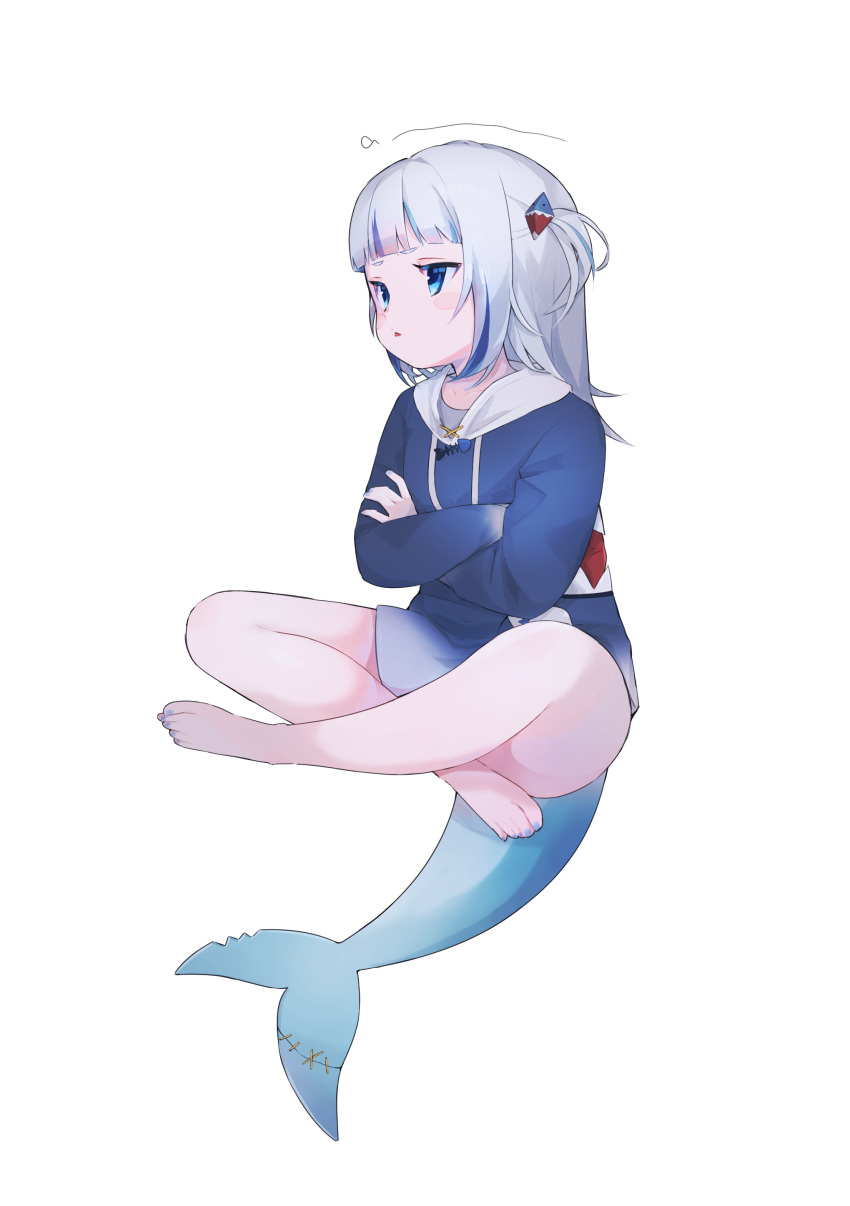 1girl absurdres animal_costume bite_mark blue_eyes blue_hair blunt_bangs crossed_arms fins fish_tail gawr_gura hair_ornament highres hololive hololive_english hood hoodie long_sleeves medium_hair multicolored_hair no_pants oi_honkan shark_costume shark_girl shark_hair_ornament shark_print shark_tail solo stitches streaked_hair tail two_side_up virtual_youtuber white_hair