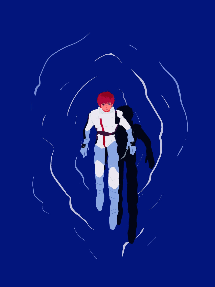 1boy absurdres amuro_ray blue_background blue_eyes char's_counterattack commentary from_above full_body gundam highres male_focus open_mouth oriazhez partially_submerged redhead ripples short_hair simple_background solo tagme water