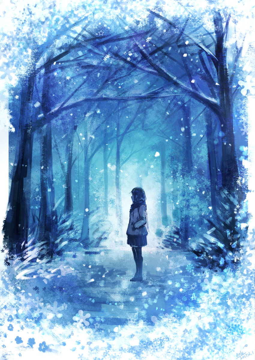 1girl axleaki bare_tree border commentary_request fading_border forest hand_in_pocket highres long_sleeves nature night original outdoors pantyhose scarf scenery skirt snow snowing solo standing star_(symbol) tree wide_shot winter winter_clothes