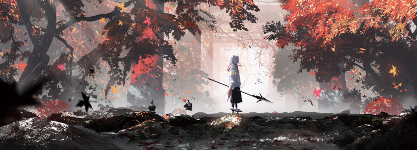1girl 2others absurdres asteroid_ill autumn autumn_leaves black_skirt blurry blurry_foreground character_request floating_hair forest fox_mask highres holding holding_polearm holding_weapon jacket long_hair long_sleeves looking_at_viewer mask motion_blur multiple_others multiple_torii nature original outdoors polearm rock sandals scenery shadow skirt socks solo standing sunlight torii tree weapon white_jacket white_socks wide_sleeves
