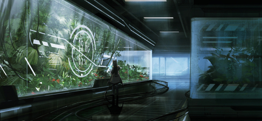 1girl animal_ears cable commentary_request from_behind glass haru_akira indoors laboratory long_hair original plant reflection scenery science_fiction solo standing tail temperature wide_shot window