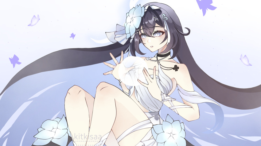 absurdres accessories bandages blue_background blush body_blush breasts bubble bug butterfly crop_top crossed_legs detached_sleeves dress flower highres honkai_(series) honkai_impact_3rd jewelry knee_blush leg_tattoo long_hair messy_hair open_mouth pale_skin seele_vollerei tattoo thighs violet_eyes white_dress