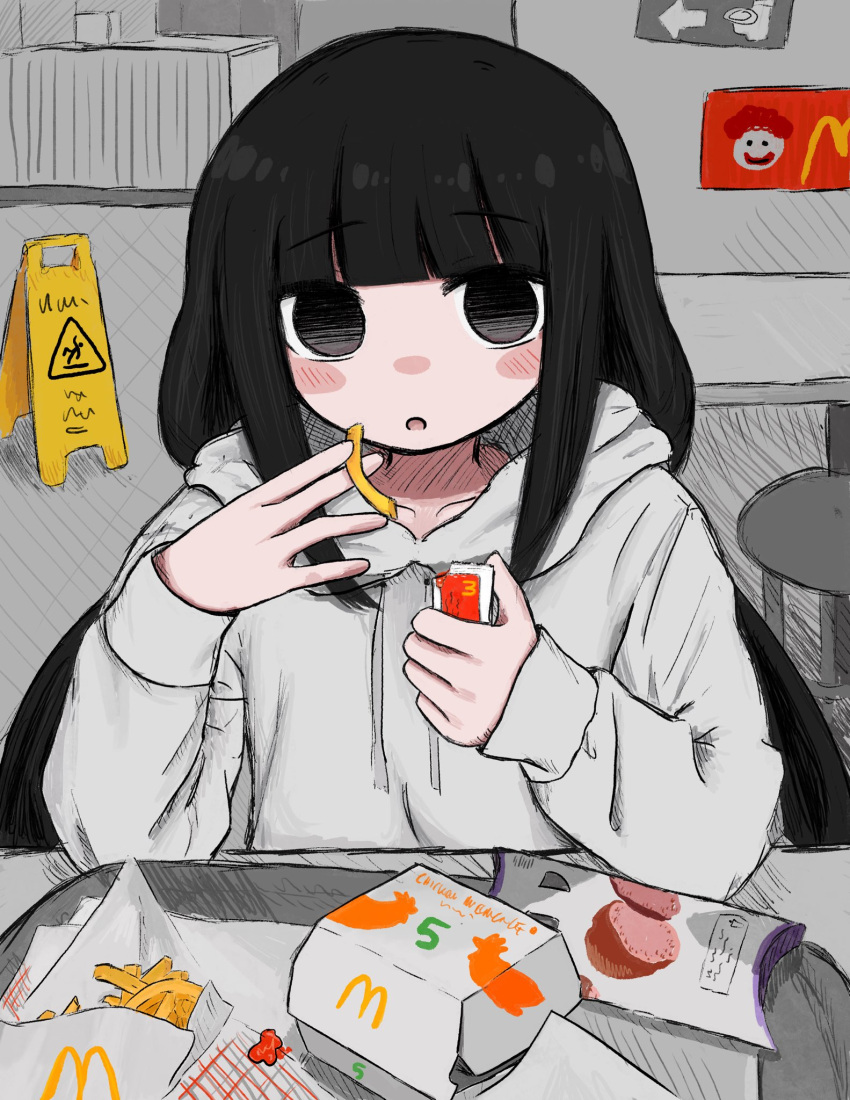 1girl between_fingers black_eyes black_hair blunt_bangs blush_stickers bubbacterial chicken_nuggets collarbone condiment_packet drawstring fast_food food french_fries gradient_eyes grey_hoodie grey_theme hands_up highres holding holding_food hood hood_down hoodie indoors ketchup long_hair long_sleeves low_twintails mcdonald's multicolored_eyes no_pupils open_mouth osage_(inabakumori) restaurant sidelocks sitting solo straight-on table twintails vocaloid wet_floor_sign