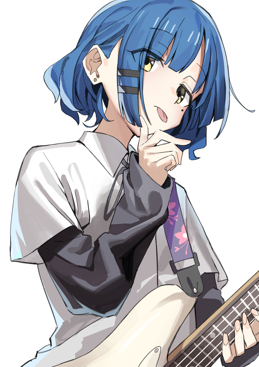 1girl absurdres blue_hair bocchi_the_rock! closed_mouth collared_shirt ear_piercing electric_guitar guitar haruyuki_(gffewuoutgblubh) highres instrument layered_sleeves long_sleeves mole mole_under_eye piercing shirt short_hair short_over_long_sleeves short_sleeves simple_background solo tongue tongue_out upper_body white_background white_shirt yamada_ryou yellow_eyes