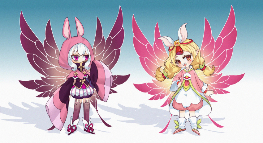 1girl :d absurdres animal_ear_legwear animal_ears animal_hood ankle_boots blonde_hair blue_background boots chibi coat covered_mouth dark_persona dual_persona fairy fairy_wings fake_animal_ears footwear_ribbon full_body gradient_background hand_on_own_hip head_chain highres hood jacket kumu_zaisheng light_persona long_sleeves longque_(xiao_huaxian) looking_at_another low_twintails multiple_views orange_eyes pink_coat pink_hood puffy_shorts purple_jacket purple_thighhighs purple_wings rabbit_ear_legwear rabbit_ears rabbit_hood red_ribbon ribbon shadow shorts sleeves_past_fingers sleeves_past_wrists smile striped striped_shorts teeth thigh-highs twintails upper_teeth_only vertical-striped_shorts vertical_stripes violet_eyes white_footwear white_hair white_shorts wide_sleeves wings xiao_huaxian