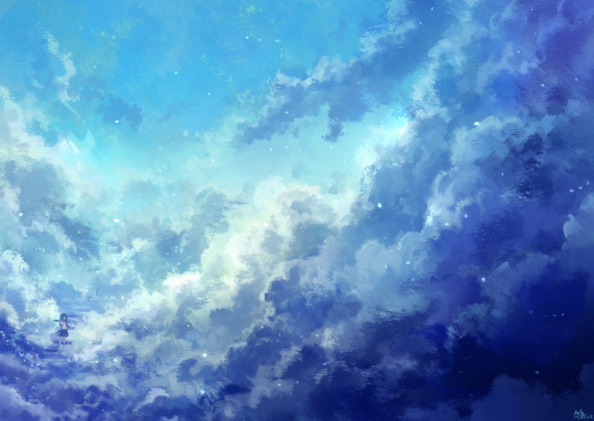 1girl axleaki barefoot blue_skirt blue_sky blue_theme clouds cloudy_sky commentary_request dated highres long_hair night night_sky original outdoors scenery shirt short_sleeves signature skirt sky solo star_(sky) starry_sky walking white_shirt wide_shot