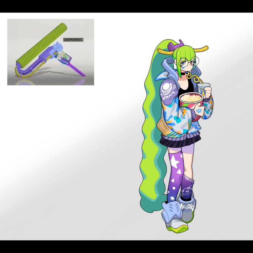1girl big_swig_roller_(splatoon) blue_eyes crazy_straw cup drinking_straw drinking_straw_in_mouth food full_body glasses green_hair heterochromia highres holding holding_cup jacket kneehighs long_hair long_sleeves open_clothes open_jacket personification popcorn purple_socks purple_thighhighs reference_inset round_eyewear sido_(slipknot) signature simple_background single_kneehigh single_sock single_thighhigh skirt socks solo splatoon_(series) standing star_(symbol) thigh-highs very_long_hair yellow_eyes