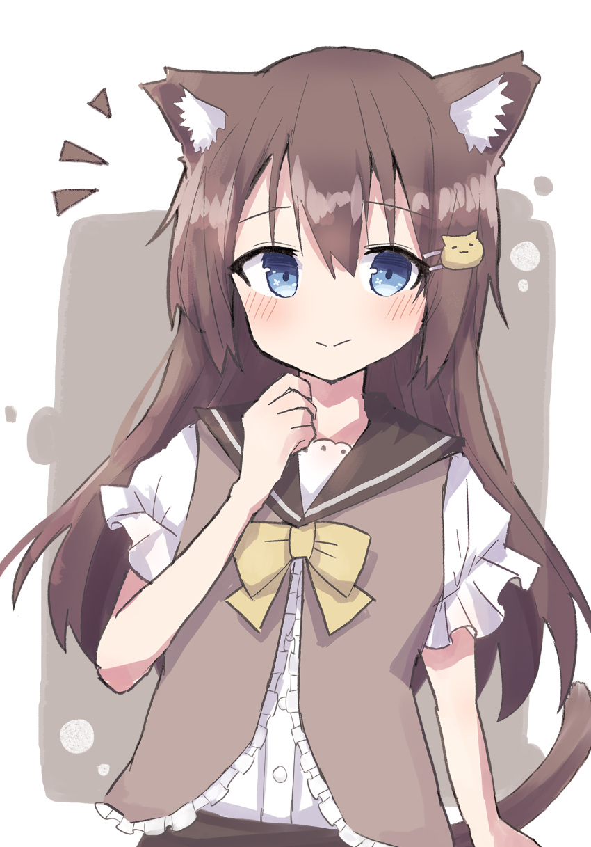 1girl animal_ears arm_at_side black_sailor_collar blue_eyes blush bow bowtie brown_hair brown_vest buttons cat_ears cat_girl cat_hair_ornament cat_tail closed_mouth colon_br frilled_vest frills hair_between_eyes hair_ornament hairclip hand_up highres long_hair looking_at_viewer notice_lines original raised_eyebrows sailor_collar shirt short_sleeves sidelocks simple_background smile solo straight_hair tail upper_body vest white_background white_shirt yellow_bow yellow_bowtie