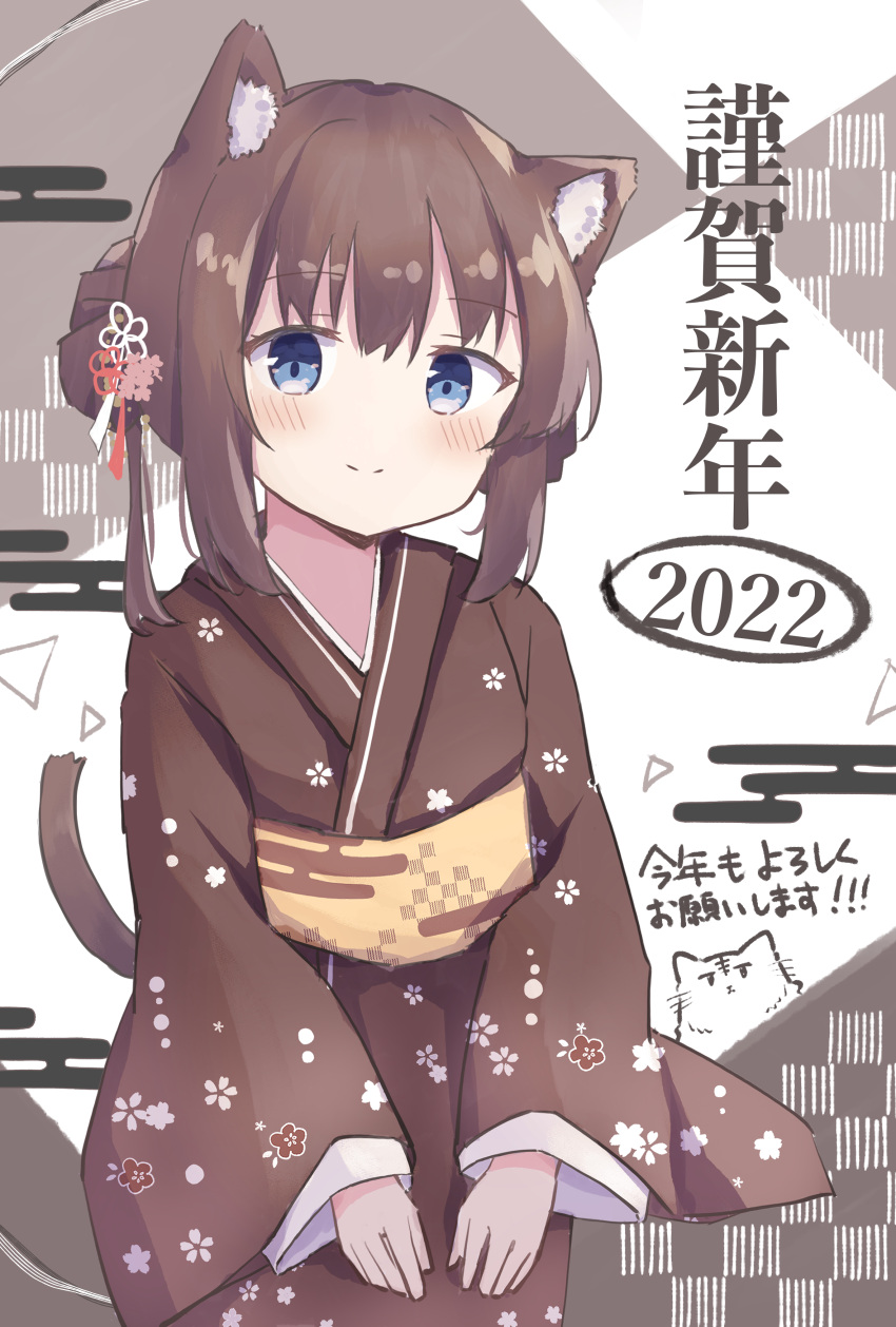 absurdres animal_ear_fluff animal_ears blue_eyes blush brown_hair brown_kimono cat_ears cat_girl cat_tail checkered_background closed_mouth colon_br cowboy_shot egasumi floral_print hair_between_eyes hair_bun hair_ornament happy_new_year highres japanese_clothes kanzashi kimono long_sleeves looking_at_viewer new_year obi original own_hands_together print_kimono raised_eyebrows sash short_hair_with_long_locks smile tail wide_sleeves