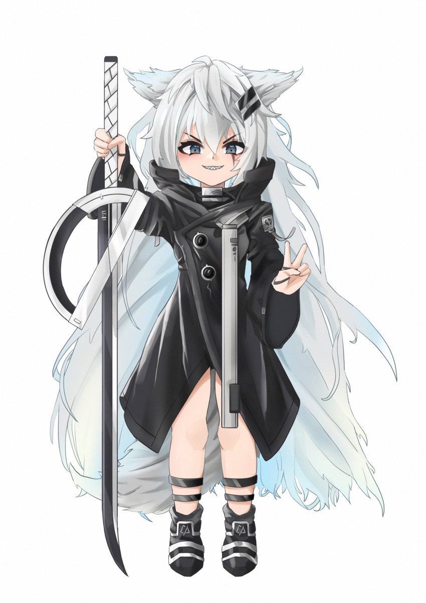 1girl absurdres aged_down animal_ears arknights full_body grey_eyes grin hair_ornament hairclip highres holding holding_sword holding_weapon lappland_(arknights) long_hair looking_at_viewer scar scar_on_face sharp_teeth simple_background smile solo sword tail teeth v very_long_hair weapon white_background wolf_ears wolf_girl wolf_tail z-02