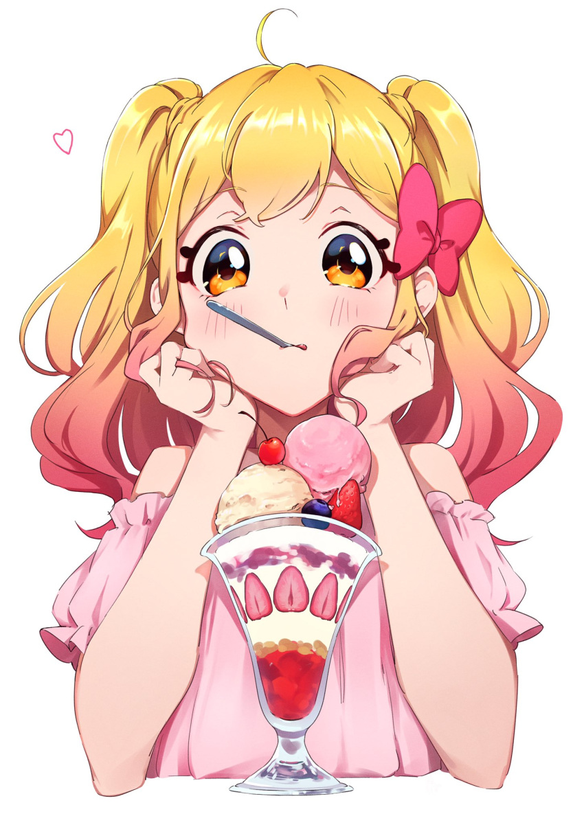 1girl ahoge aikatsu!_(series) aikatsu_stars! blonde_hair blush bow closed_mouth commentary food fruit gradient_hair hair_bow hands_on_own_cheeks hands_on_own_face heart highres ice_cream long_hair multicolored_hair nijino_yume pink_hair pink_shirt shirt short_sleeves simple_background solo spoon strawberry sundae supersaiazin-kanako symbol-only_commentary tongue tongue_out twintails upper_body utensil_in_mouth white_background yellow_eyes