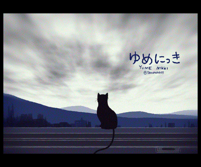 animal black_cat cat clouds commentary_request copyright_name facing_away grey_sky letterboxed mountain mountainous_horizon no_humans outdoors railing sitting_on_railing sky tamanoha_(cookware) twitter_username yume_nikki