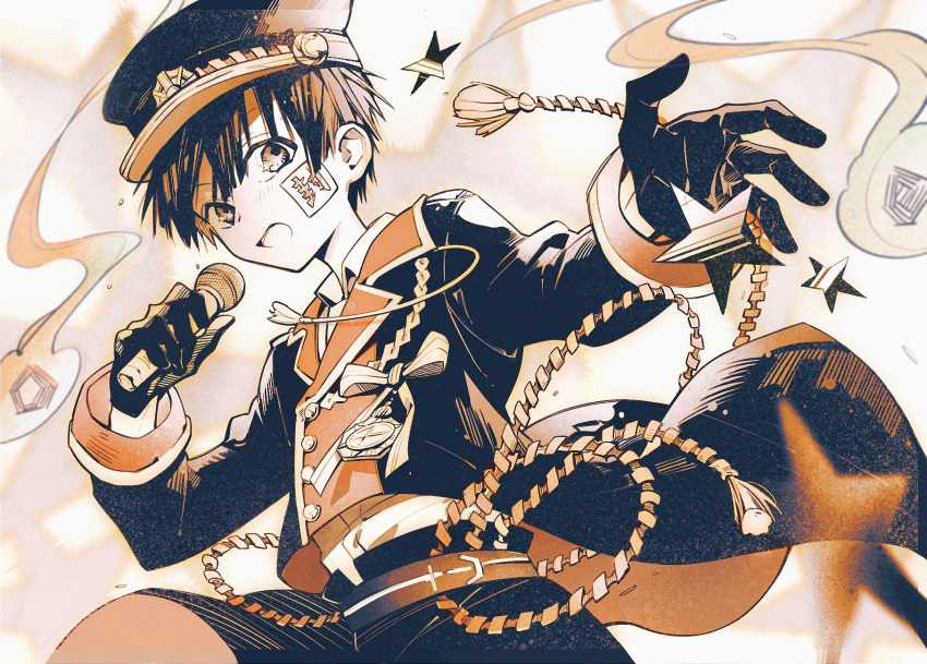 1boy aiguillette black_shorts brown_theme buttons clefs27 coattails collared_shirt cropped_jacket double-breasted gloves greyscale hanako_(jibaku_shounen_hanako-kun) hat highres hitodama holding holding_microphone idol jibaku_shounen_hanako-kun long_sleeves looking_at_viewer male_focus microphone monochrome music open_mouth peaked_cap ribbon shirt shorts singing solo wing_collar