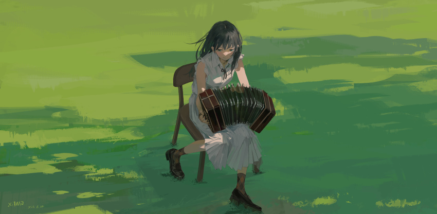 1girl absurdres accordion aqua_eyes black_hair black_ribbon brown_footwear brown_socks chair collared_shirt commentary dated day english_commentary field floating_hair frilled_shirt frills full_body grass highres instrument long_hair music neck_ribbon original outdoors playing_instrument pleated_skirt ribbon shirt short_sleeves signature sitting skirt socks solo white_shirt white_skirt wide_shot xilmo