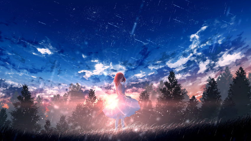 1girl absurdres brown_hair closed_eyes closed_mouth clouds commentary_request dress dusk field floating_hair forest from_side furi0831 grass highres lens_flare long_hair nature orange_sky original outdoors rain scenery shooting_star sky sleeveless sleeveless_dress solo standing star_(sky) starry_sky sun sunset tree white_dress