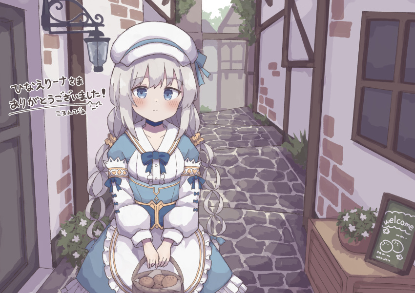 1girl alley apron basket blue_dress blue_eyes blush box building center_frills closed_mouth collarbone colon_br cowboy_shot dress frilled_apron frilled_shirt frills grey_hair hat highres holding holding_basket house long_bangs long_hair long_sleeves looking_at_viewer low_twintails medieval original outdoors own_hands_together plant potato potted_plant shirt sidelocks sign smile solo stone_floor twintails waist_apron wall_lamp white_apron white_headwear wicker_basket