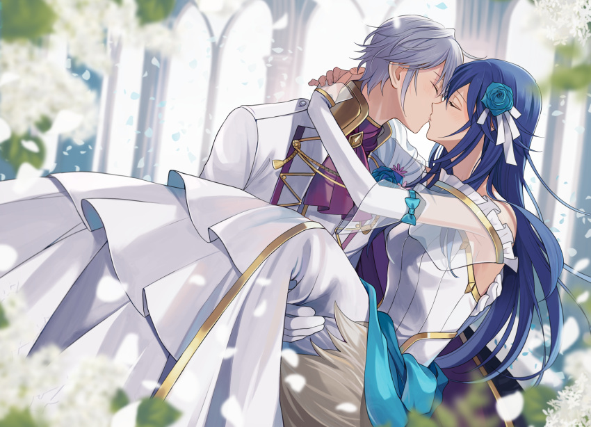 1boy 1girl absurdres arms_around_neck bare_shoulders blue_hair bride carrying closed_eyes commission couple detached_sleeves dress fire_emblem fire_emblem_awakening fire_emblem_heroes flower formal gloves groom hair_flower hair_ornament highres iro_saki kiss long_hair lucina_(fire_emblem) princess_carry robin_(fire_emblem) robin_(male)_(fire_emblem) robin_(male)_(groom)_(fire_emblem) short_hair strapless strapless_dress suit wedding wedding_dress white_dress white_gloves white_hair white_suit