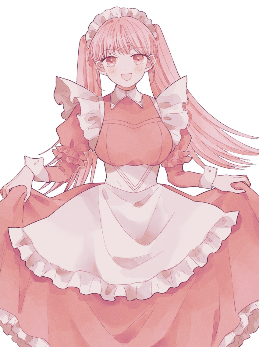 1girl apron breasts commentary_request fire_emblem fire_emblem:_three_houses highres hilda_valentine_goneril large_breasts long_hair long_sleeves looking_at_viewer maid maid_apron maid_headdress open_mouth pink_eyes pink_hair ririco_(gnsn) simple_background solo tongue twintails white_background