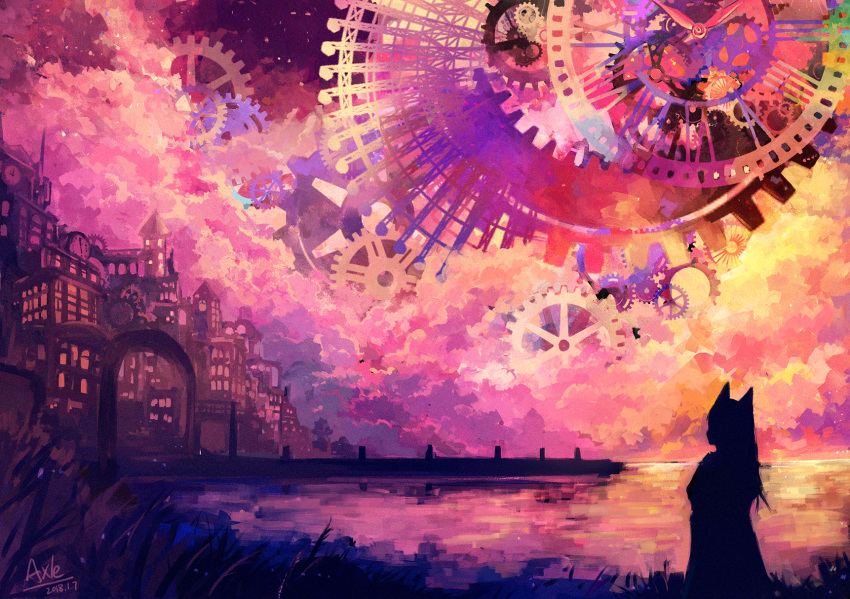 1girl animal_ears axleaki building chinese_commentary city clock clockwork clouds cloudy_sky colorful commentary_request dated facing_away fantasy gears highres long_hair night night_sky original outdoors scenery signature silhouette sky sky_focus solo steampunk twilight water