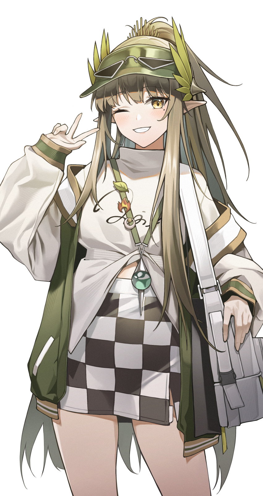 1girl absurdres arknights bag brown_eyes brown_hair checkered_clothes checkered_skirt eyewear_on_headwear green_headwear grey-framed_eyewear grin hand_up highres long_hair long_sleeves looking_at_viewer mole mole_under_eye muelsyse_(arknights) one_eye_closed pointy_ears ponytail puffy_long_sleeves puffy_sleeves shirt shoulder_bag simple_background skirt sleeves_past_wrists smile solo standing sunglasses umie_(iowae) v very_long_hair visor_cap white_background white_shirt