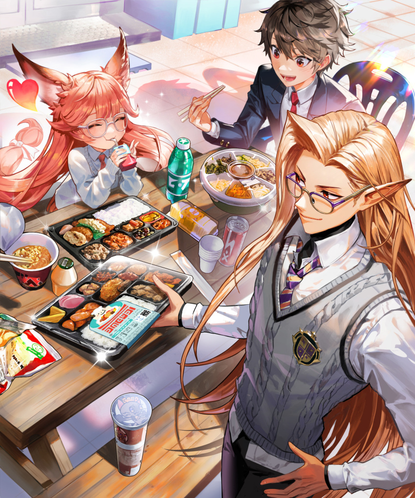 1girl 2boys absurdres animal_ear_fluff black_hair blonde_hair bottle can character_request chips_(food) chopsticks closed_eyes closed_mouth coat collared_shirt cup disposable_cup drinking_straw eating food glasses gran_saga hair_between_eyes heart highres holding holding_chopsticks holding_tray instant_ramen karte_(gran_saga) long_hair long_sleeves looking_at_another multiple_boys necktie on_chair open_clothes open_coat pointy_ears potato_chips ramen red_eyes red_necktie rice sendro shadow shirt smirk sweater_vest table tray white_shirt