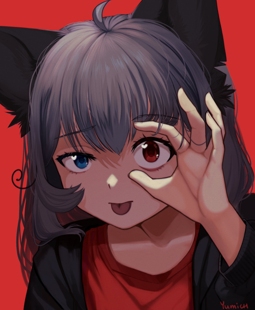 1girl animal_ears cat_ears heterochromia highres long_sleeves looking_at_viewer ok_sign ok_sign_over_eye original portrait red_t-shirt simple_background solo tongue tongue_out yumich