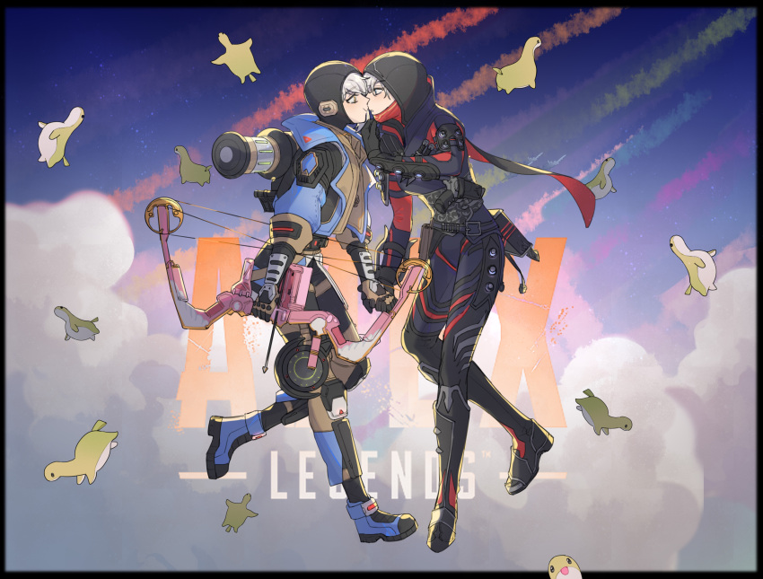 2girls absurdres animification apex_legends belt black_belt black_border black_footwear black_gloves black_jacket black_scarf blue_footwear blue_jacket bocek_compound_bow boots border bow_(weapon) brown_gloves chinese_commentary clouds contrail copyright_name deep_current_wattson gloves grey_hair highres holding holding_bow_(weapon) holding_hands holding_weapon hood hood_up imminent_kiss jacket logo multiple_girls nessie_(respawn) ninja official_alternate_costume rift_stalker_wraith scarf sky smile stuffed_toy tuxiaoning_not wattson_(apex_legends) weapon wraith_(apex_legends) yellow_eyes yuri