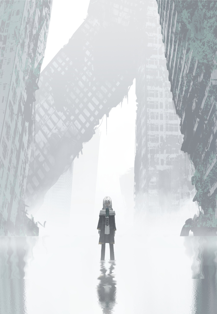 1girl absurdres asteroid_ill black_coat building closed_eyes closed_mouth coat commentary_request fog hair_over_one_eye highres iz_(asteroid_ill) long_hair long_sleeves original outdoors post-apocalypse ruins scenery solo standing wading water white_hair
