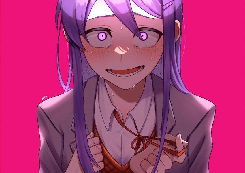1girl artist_name blush doki_doki_literature_club grey_jacket hair_between_eyes hair_ornament hairclip jacket long_hair long_sleeves looking_at_viewer open_mouth orange_vest pink_background purple_hair r!0 red_ribbon ribbed_sweater ribbon school_uniform smile solo sweat sweater vest violet_eyes yuri_(doki_doki_literature_club)